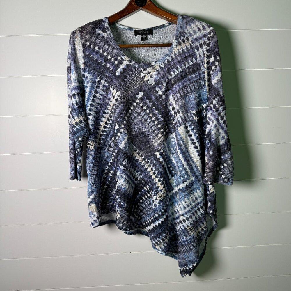 Karen Kane Women's Asymmetrical Blouse Top Size 1X Blues and Gray